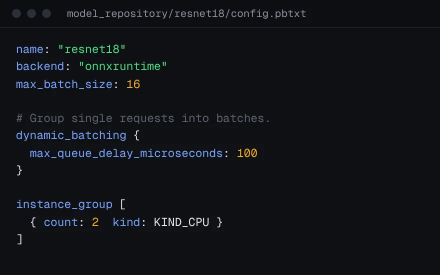 Triton config.pbtxt for ResNet-18 with dynamic batching and two model instances